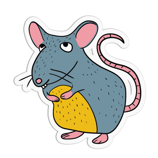 A cartoon-style die-cut sticker of a gray mouse with pink ears, pink feet, and a yellow belly, shown on a plain white background.