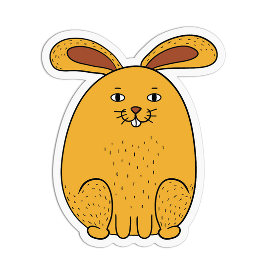 A cartoon-style die-cut sticker of a round orange-brown bunny with long ears, simple facial features, and small whiskers on a plain white background.