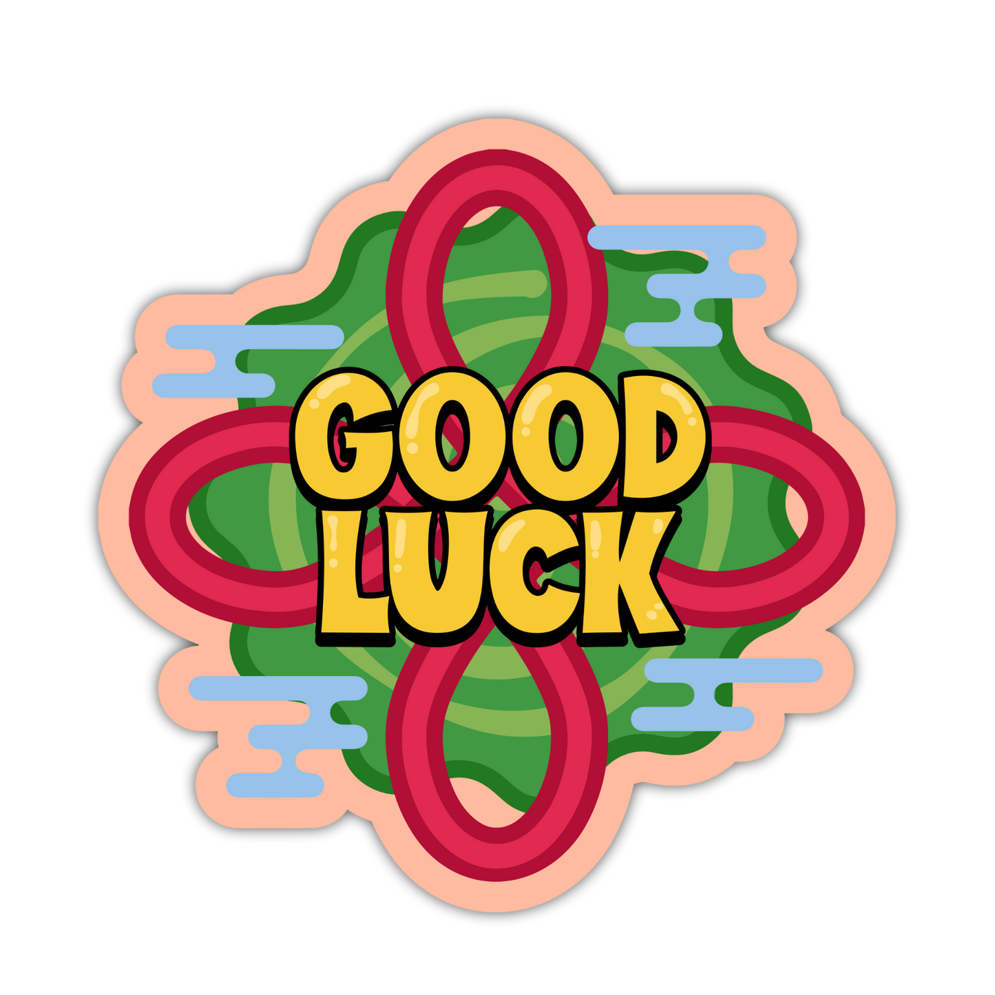 Sticker with 'Good Luck' text and colorful design on a white background