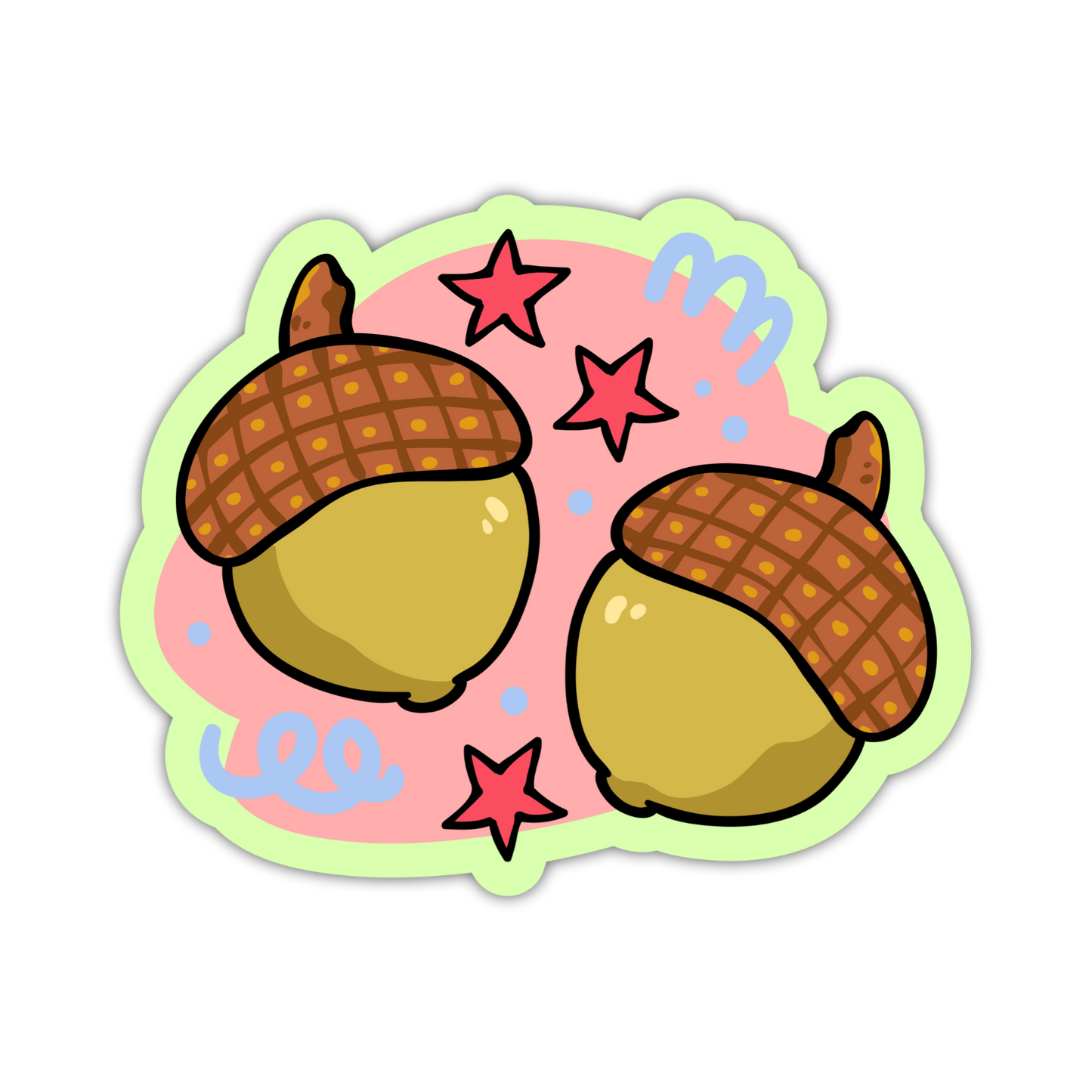 Cartoon-style acorns with stars and colorful letters on a white background