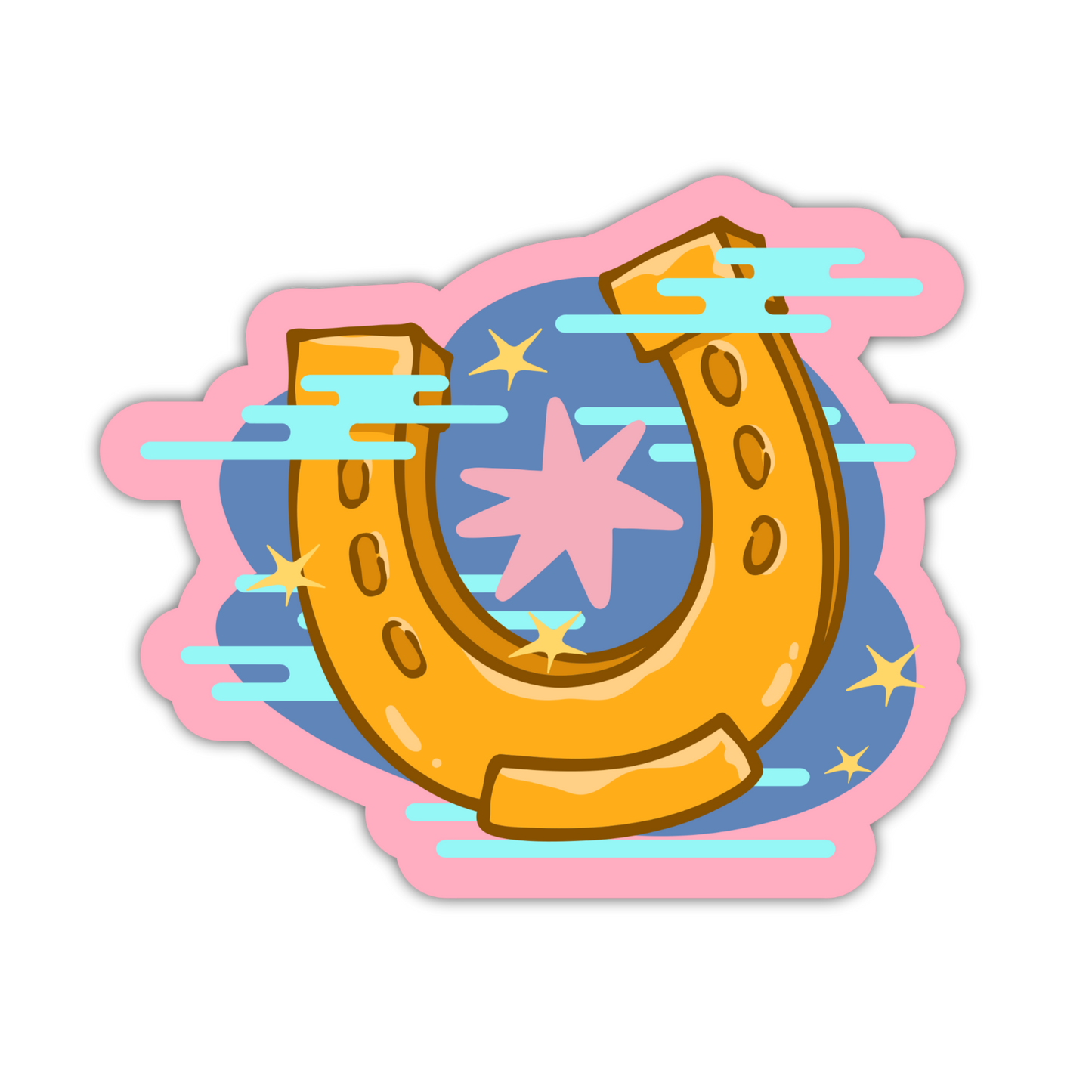 Horseshoe with star and cloud design on a pink border