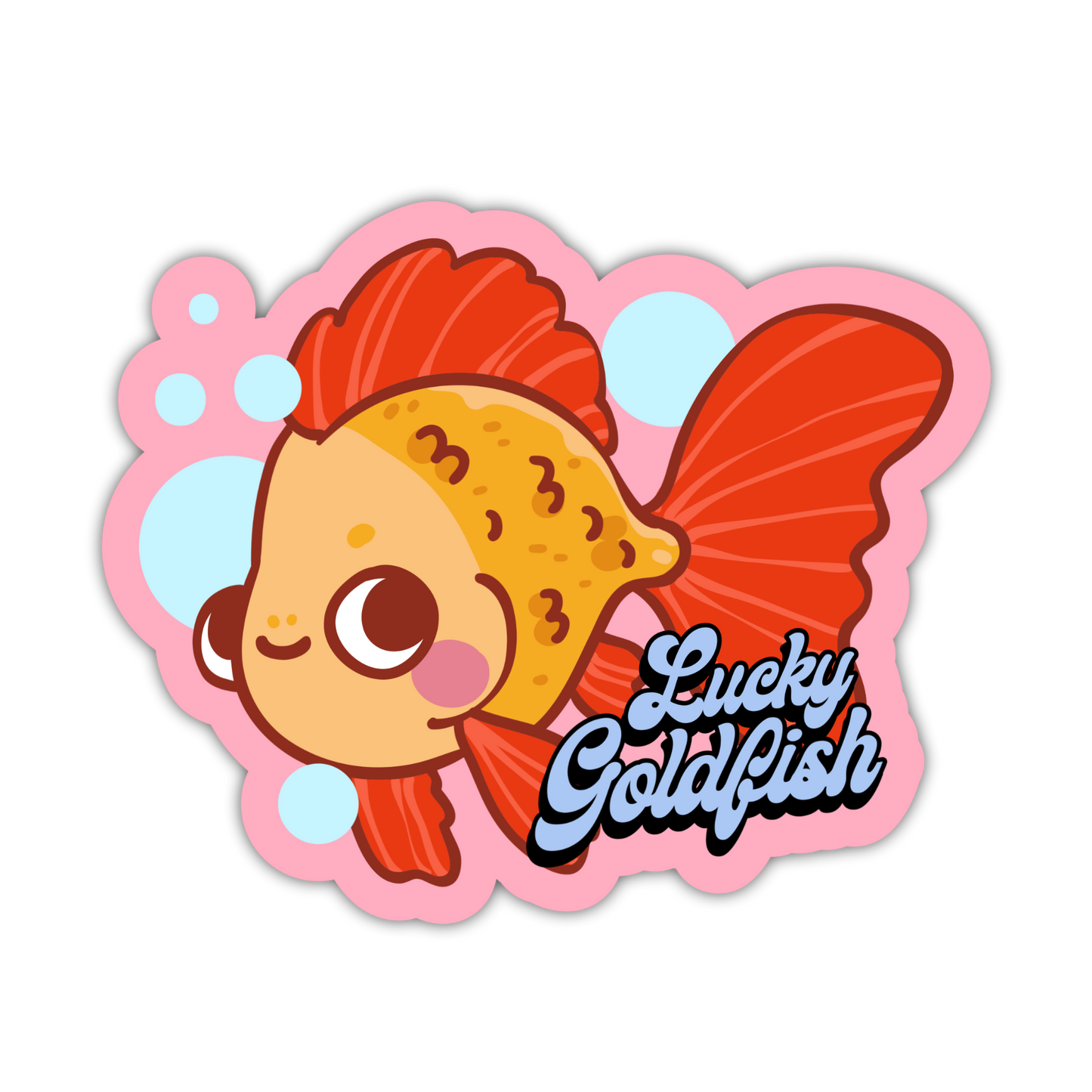 Cartoon goldfish with red fins on a pink heart-shaped background with 'Lucky Goldfish' text.