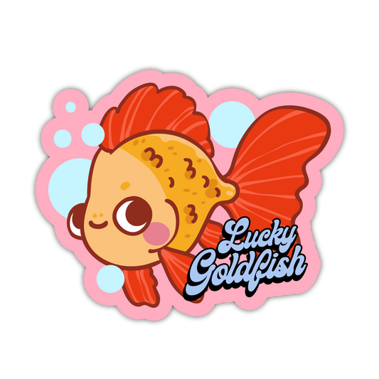 Cartoon goldfish with red fins on a pink heart-shaped background with 'Lucky Goldfish' text.