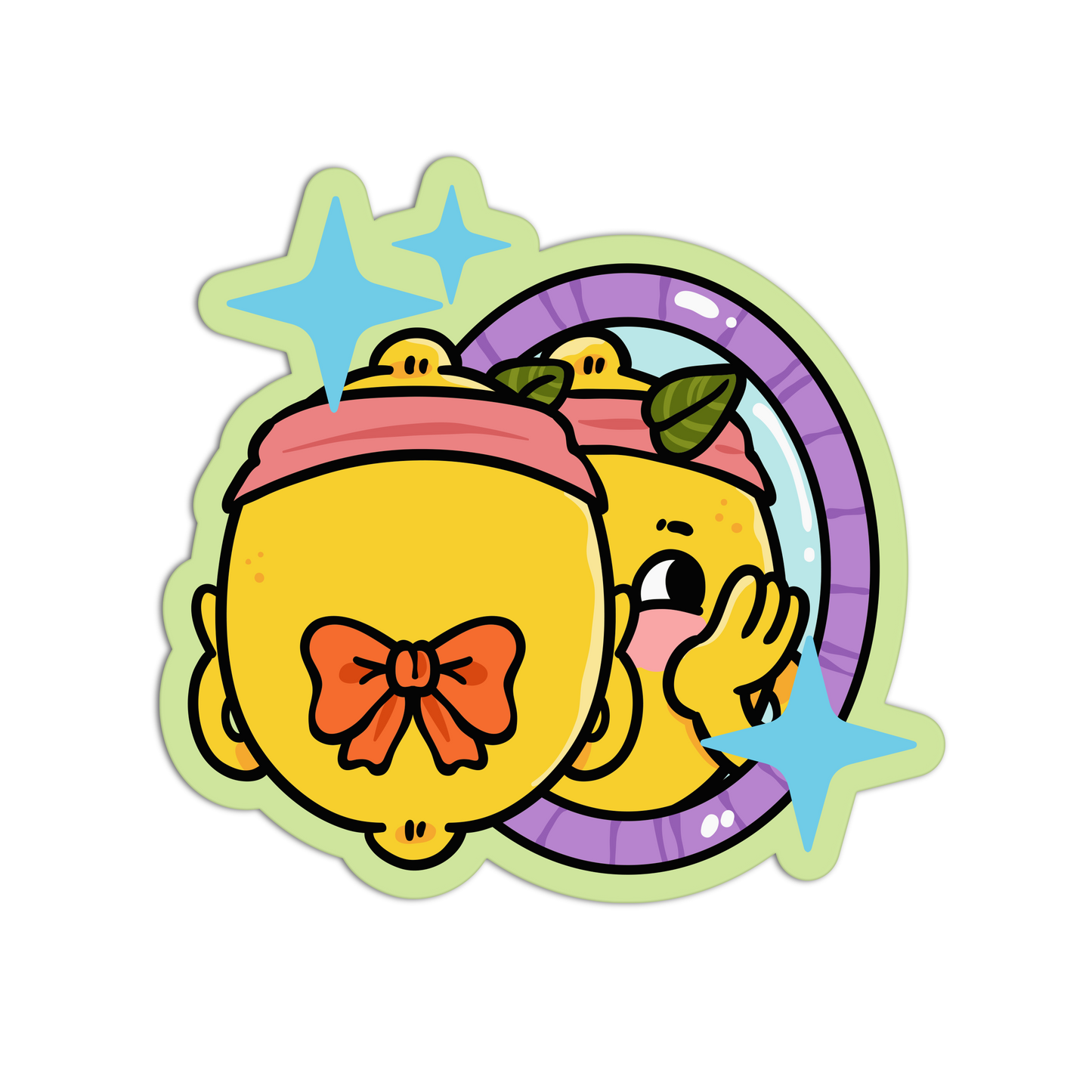 A cartoon sticker-style illustration of a yellow character with a pink headband, orange bow, green leaves, blue sparkles, and a mirror reflection, shown on a plain white background.