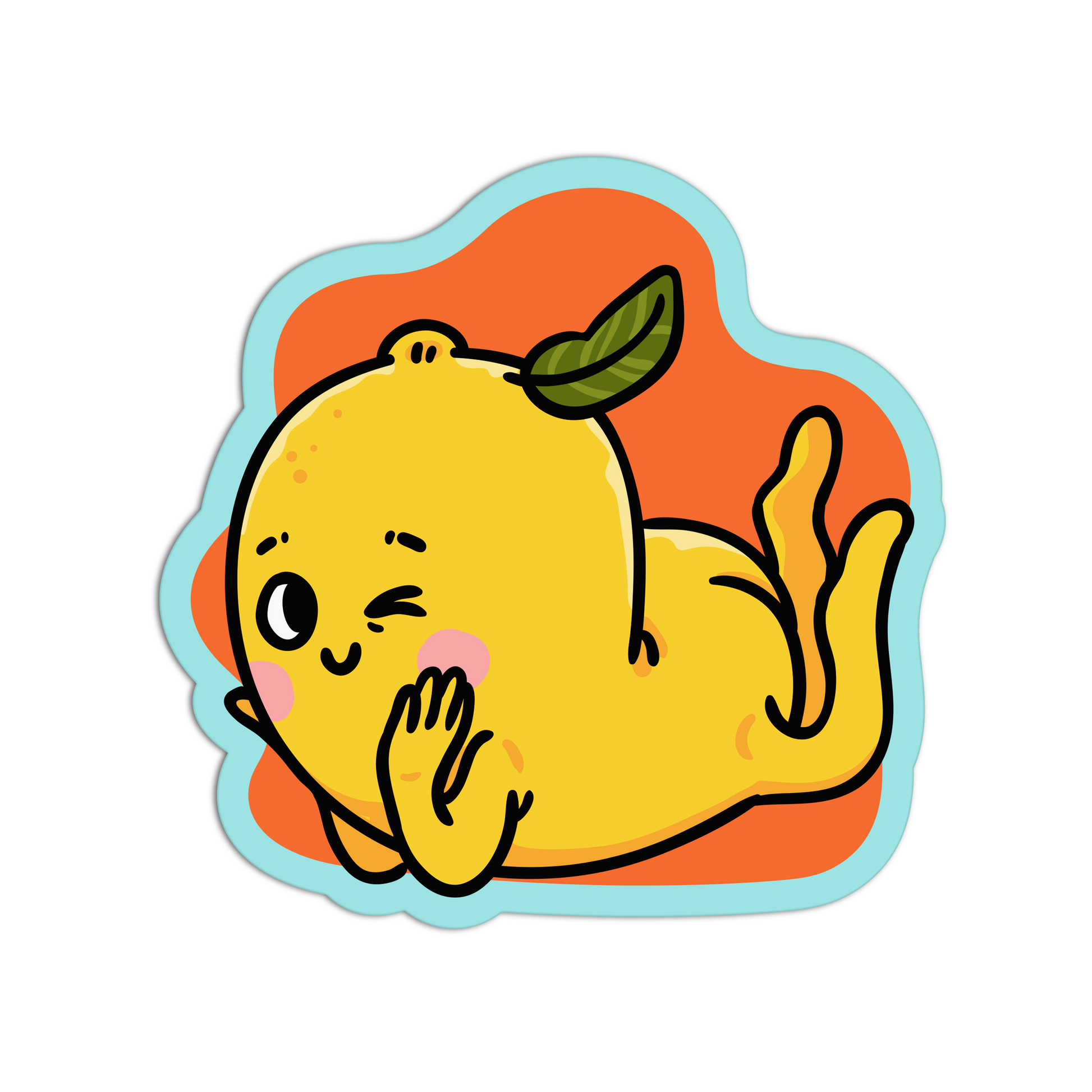 A die-cut sticker featuring a cute cartoon lemon character lying down and winking, with a light blue border and orange background, shown on a plain white backdrop.