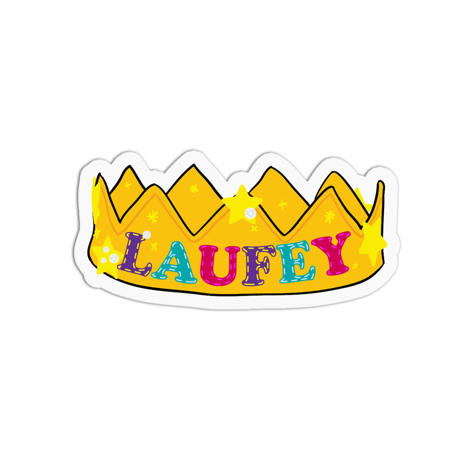 A die-cut sticker shaped like a yellow crown with the name 'LAUFETY' written across it in colorful glitter-style letters, shown on a plain white background.