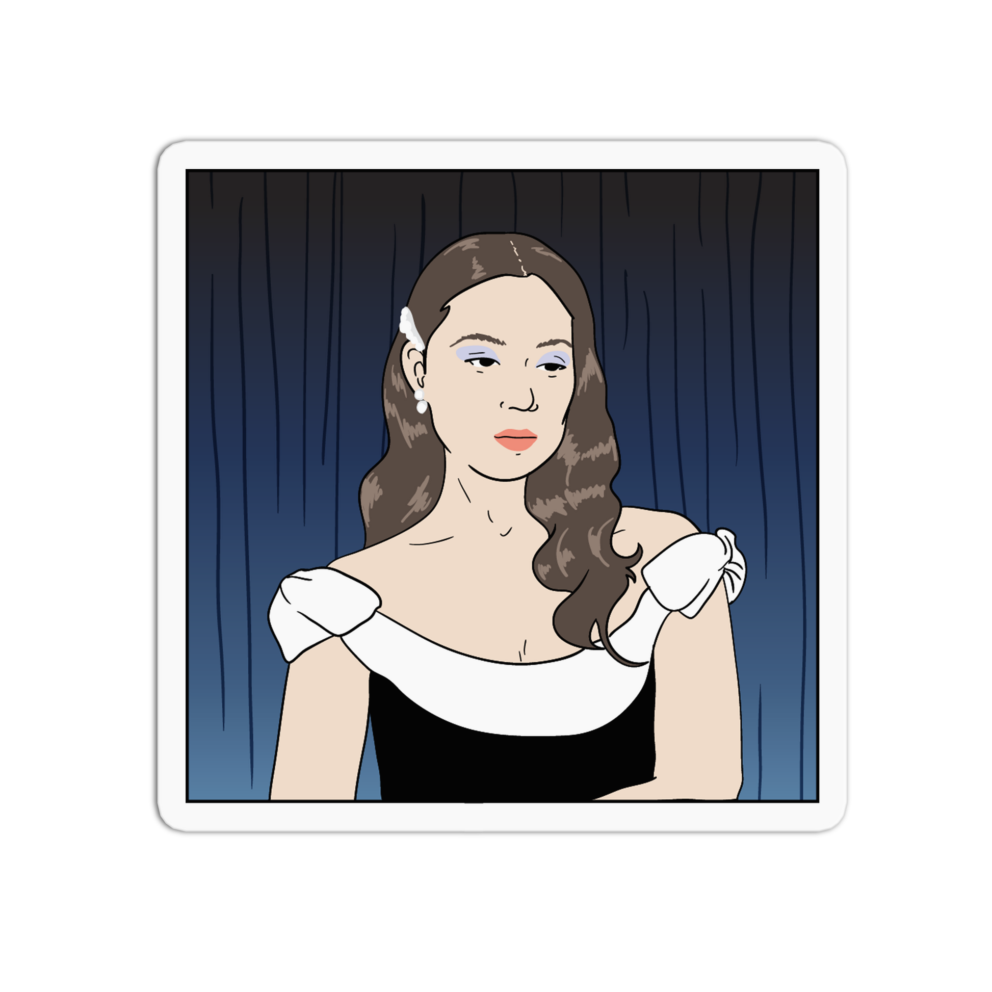 A square illustrated art print featuring a stylized portrait of a woman with brown hair, blue eyes, and a black-and-white dress against a dark blue curtain background, shown with a white border on a light gray field.