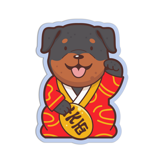 Cartoon dog in a red outfit with a yellow badge on a white background