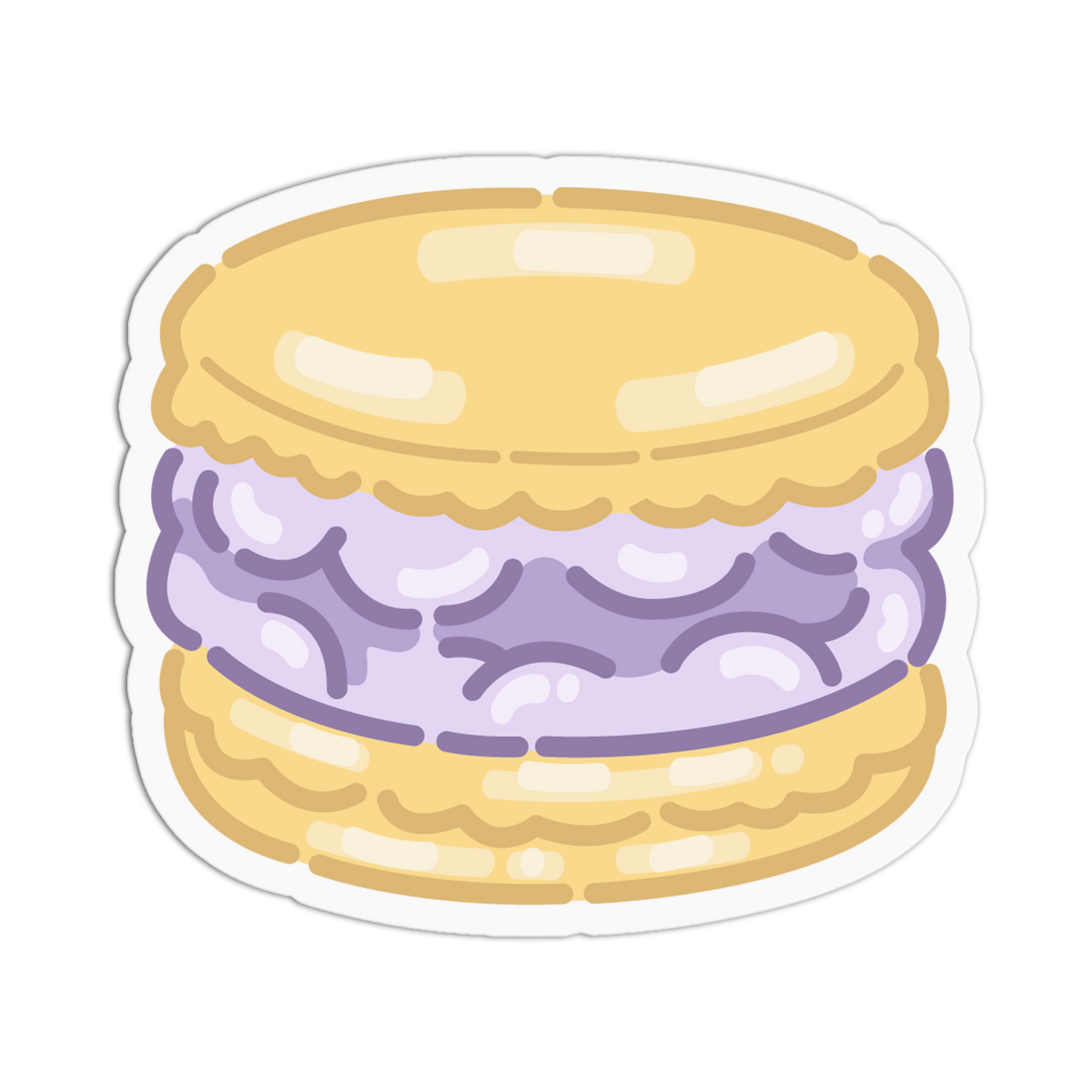A die-cut sticker featuring a cute, cartoon-style illustration of a macaron. The macaron has a light yellow shell and a lavender-purple filling, presented on a clean white background.