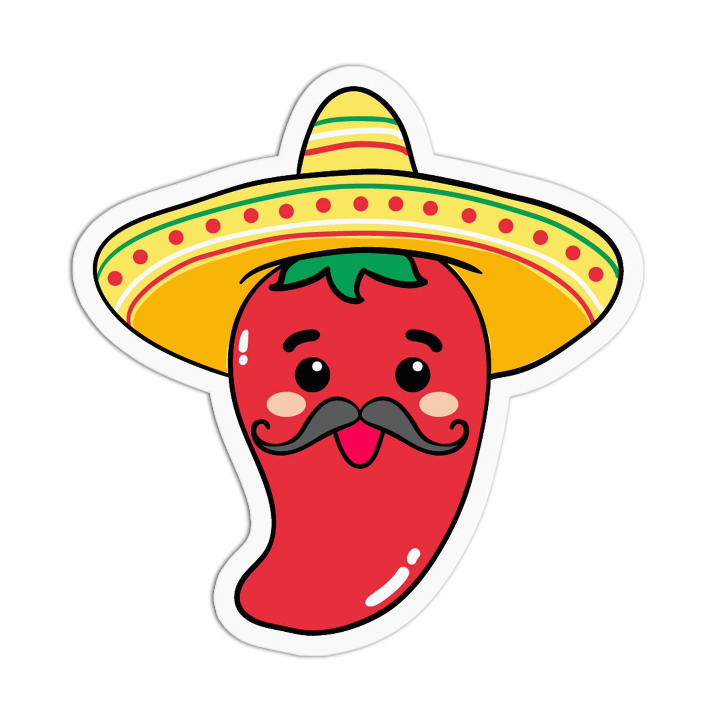 A cartoon chili pepper sticker with a smiling face, black mustache, green leaf on top, and a yellow sombrero with red, green, and yellow stripes, shown on a white background.