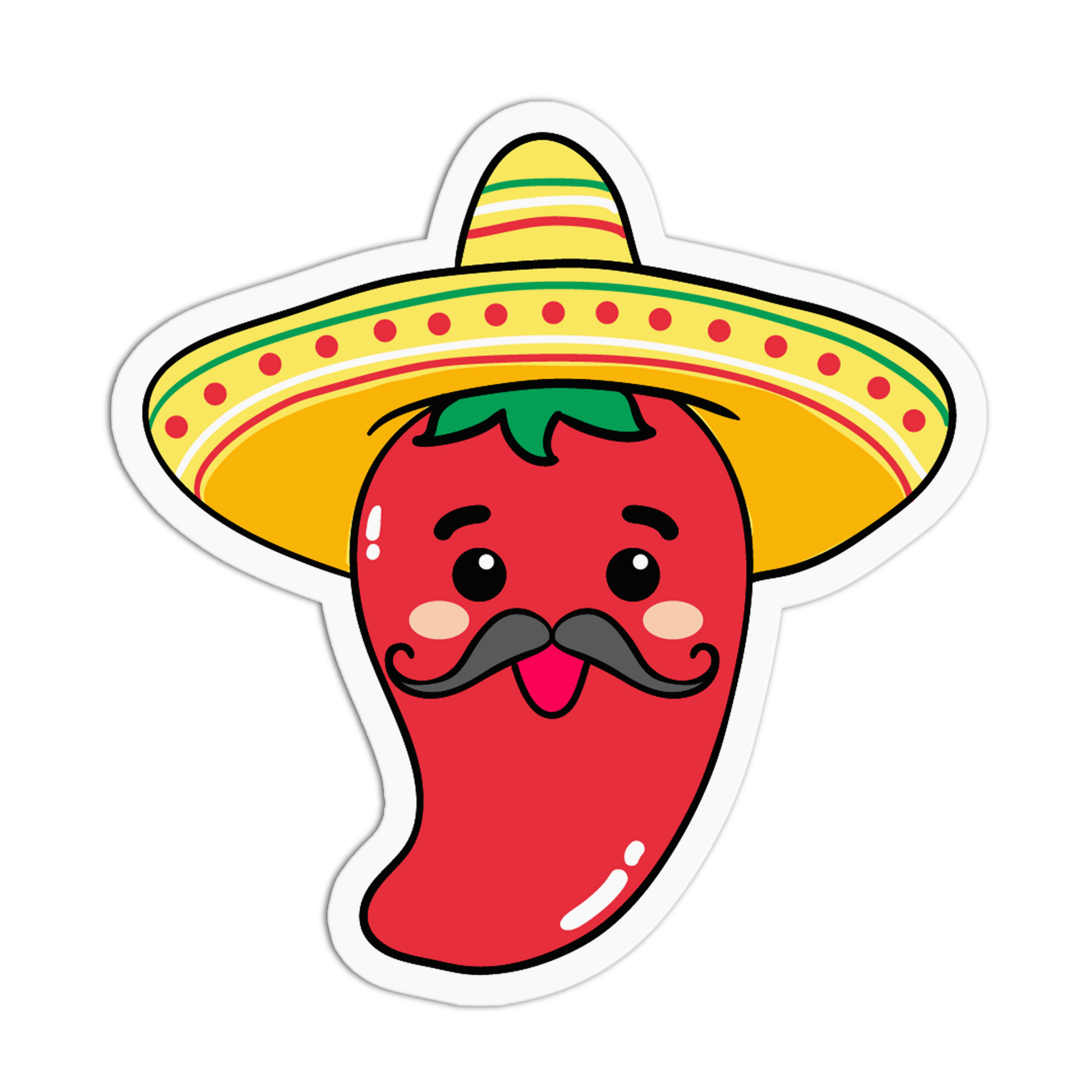 A cartoon chili pepper sticker with a smiling face, black mustache, green leaf on top, and a yellow sombrero with red, green, and yellow stripes, shown on a white background.