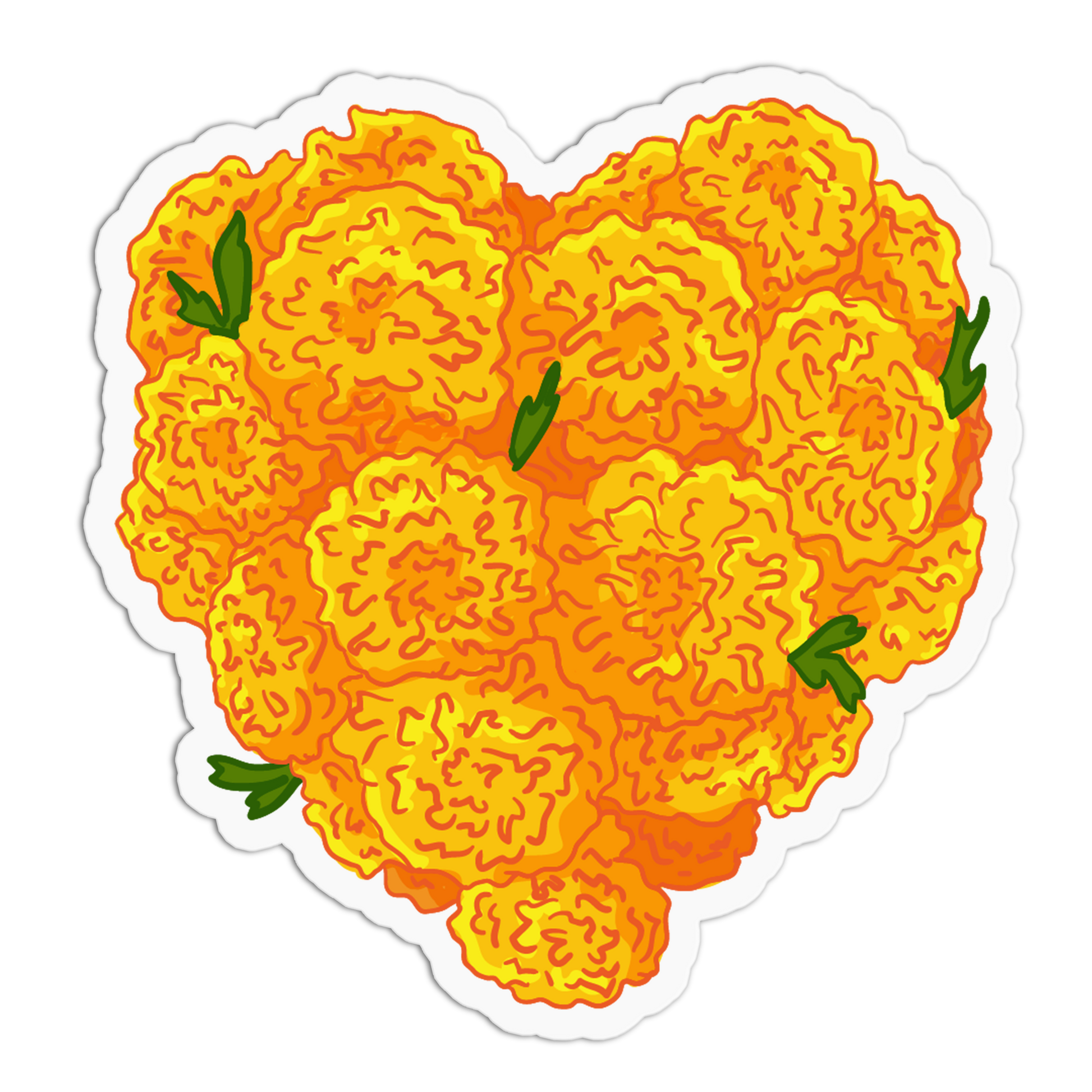 A die-cut sticker featuring a heart-shaped cluster of bright orange and yellow marigold flowers with small green leaves, shown on a plain white background.
