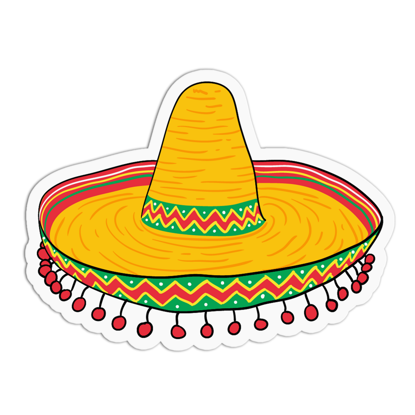 A die-cut sticker featuring a colorful cartoon-style Mexican sombrero with a yellow crown and brim, decorated with red, green, and orange patterns and red tassels along the brim's edge, shown on a plain white background.