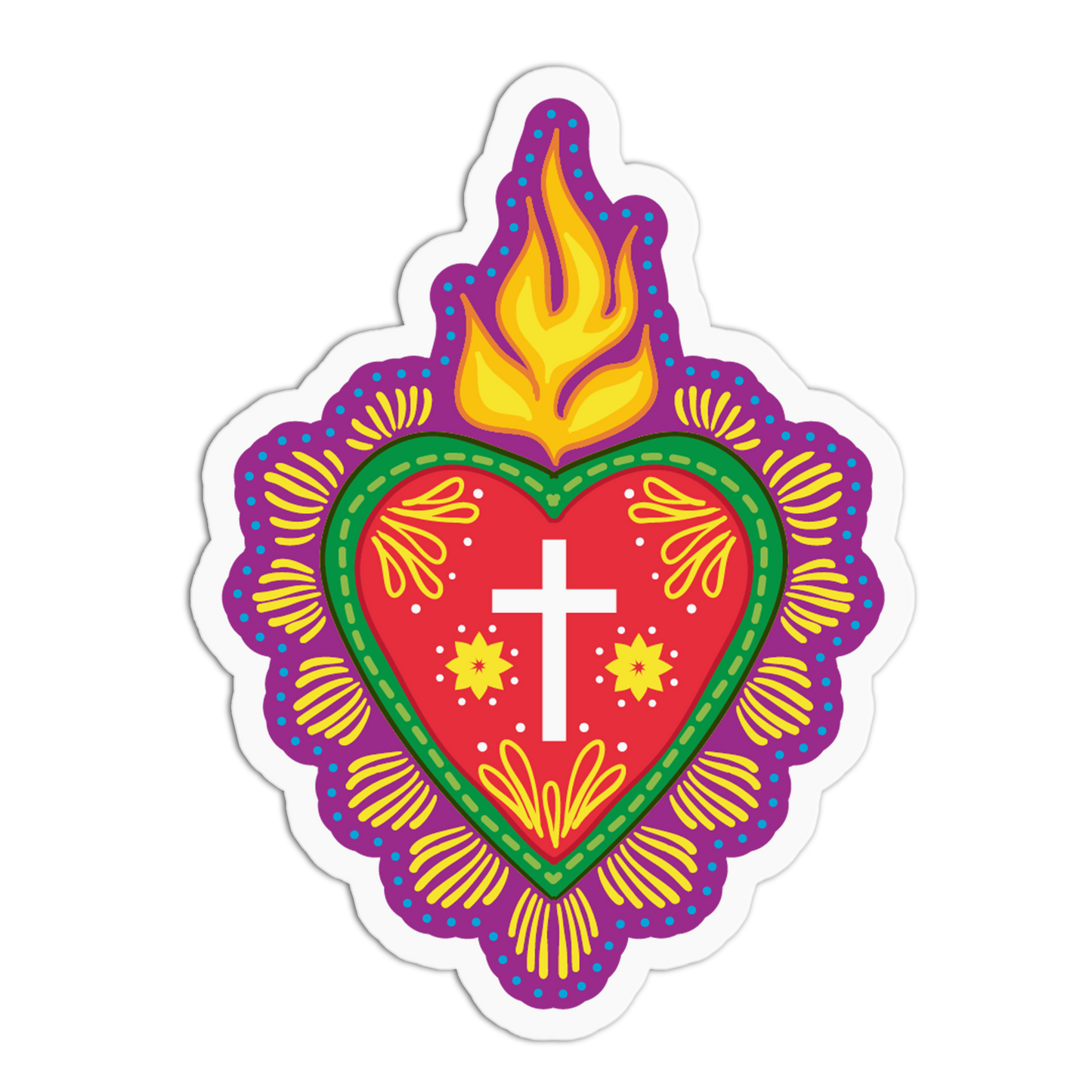 A colorful die-cut sticker featuring a stylized Sacred Heart design with a red heart, green border, white cross, yellow flame, and purple outer scalloped outline on a white background.