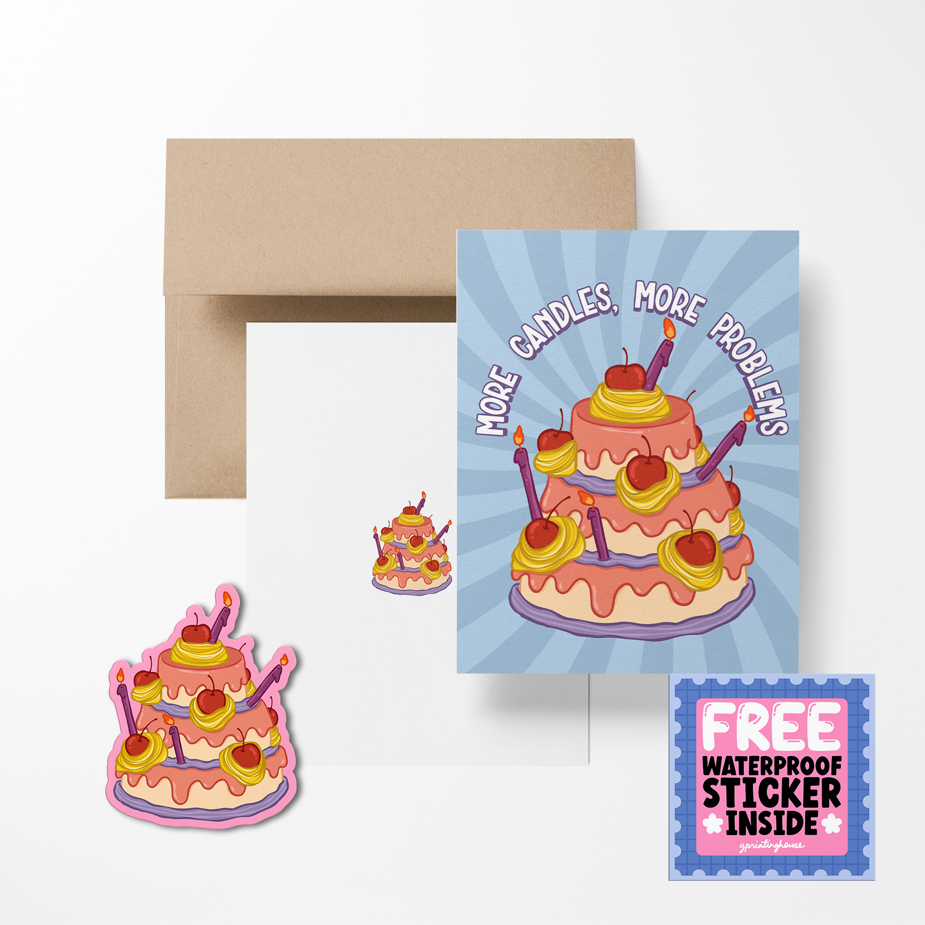 Greeting card with birthday cake illustration and free sticker offer, featuring a pink cake with candles on a blue background.