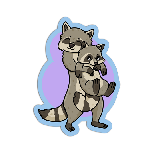 Cartoon raccoons with a light blue and purple gradient background