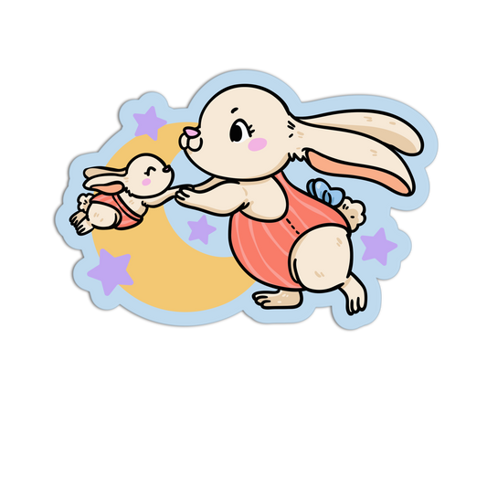 Cartoon rabbit holding a baby rabbit with a colorful background