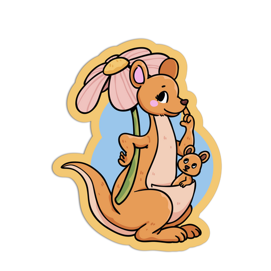 Cartoon kangaroo holding a pink flower with a baby kangaroo on its back against a white background