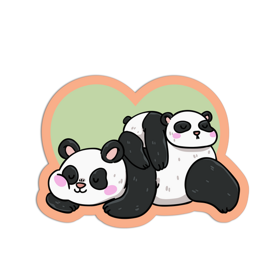 Two cartoon pandas on a heart-shaped background