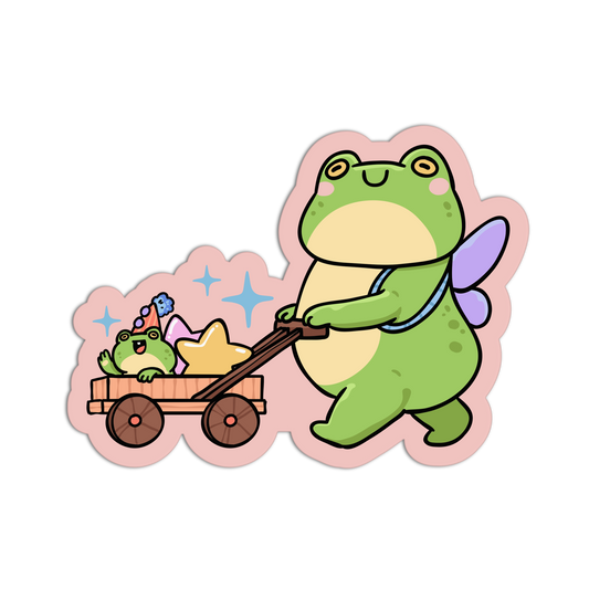 Cartoon frog with fairy wings pulling a cart with another frog and stars on a pink background