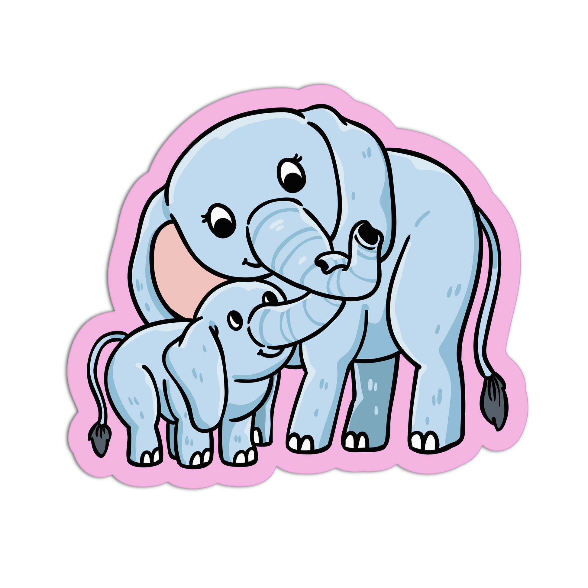 Cartoon illustration of two blue elephants with a pink border on a white background