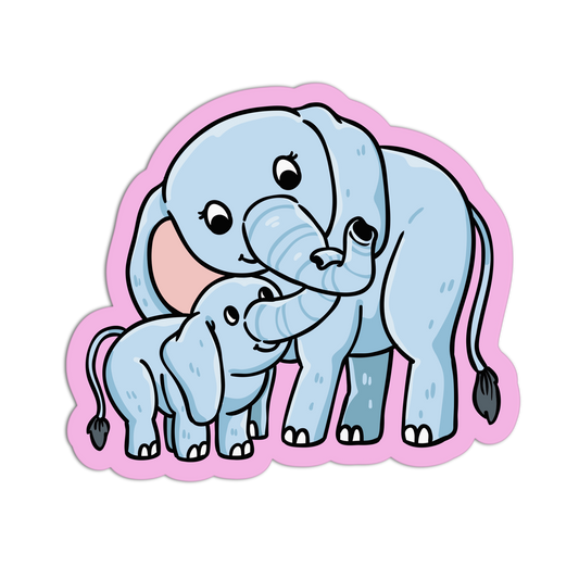 Cartoon illustration of two blue elephants with a pink border on a white background