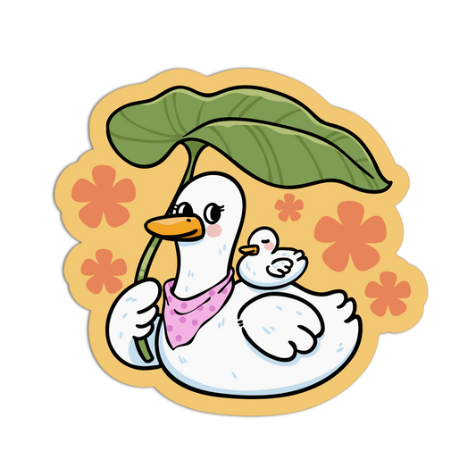 Cartoon duck holding a leaf umbrella with a baby duck on a white background