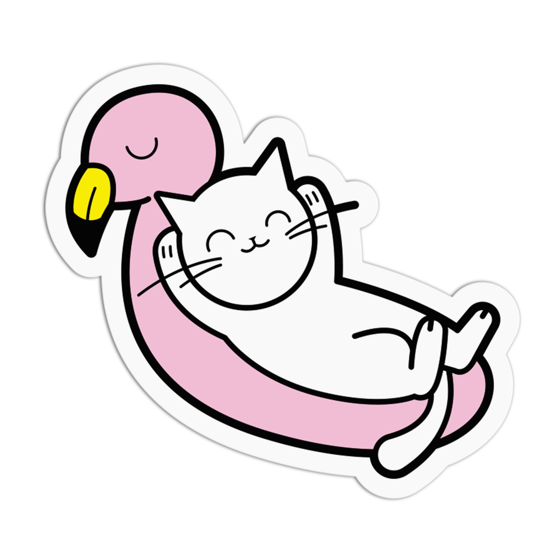Cartoon cat riding a pink flamingo on a white background