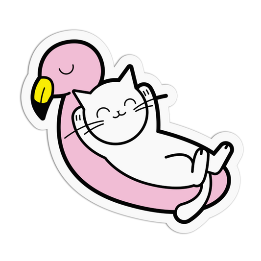 Cartoon cat riding a pink flamingo on a white background