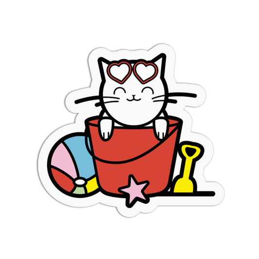 Cartoon cat with heart sunglasses in a sand bucket with toys on a white background