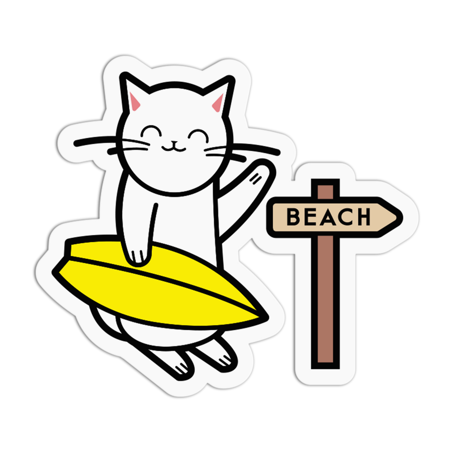 Illustration of a cat on a yellow surfboard with a 'Beach' sign in the background