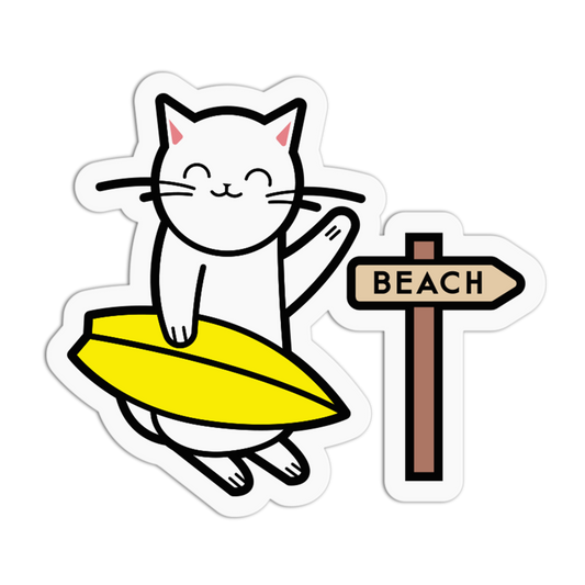 Illustration of a cat on a yellow surfboard with a 'Beach' sign in the background
