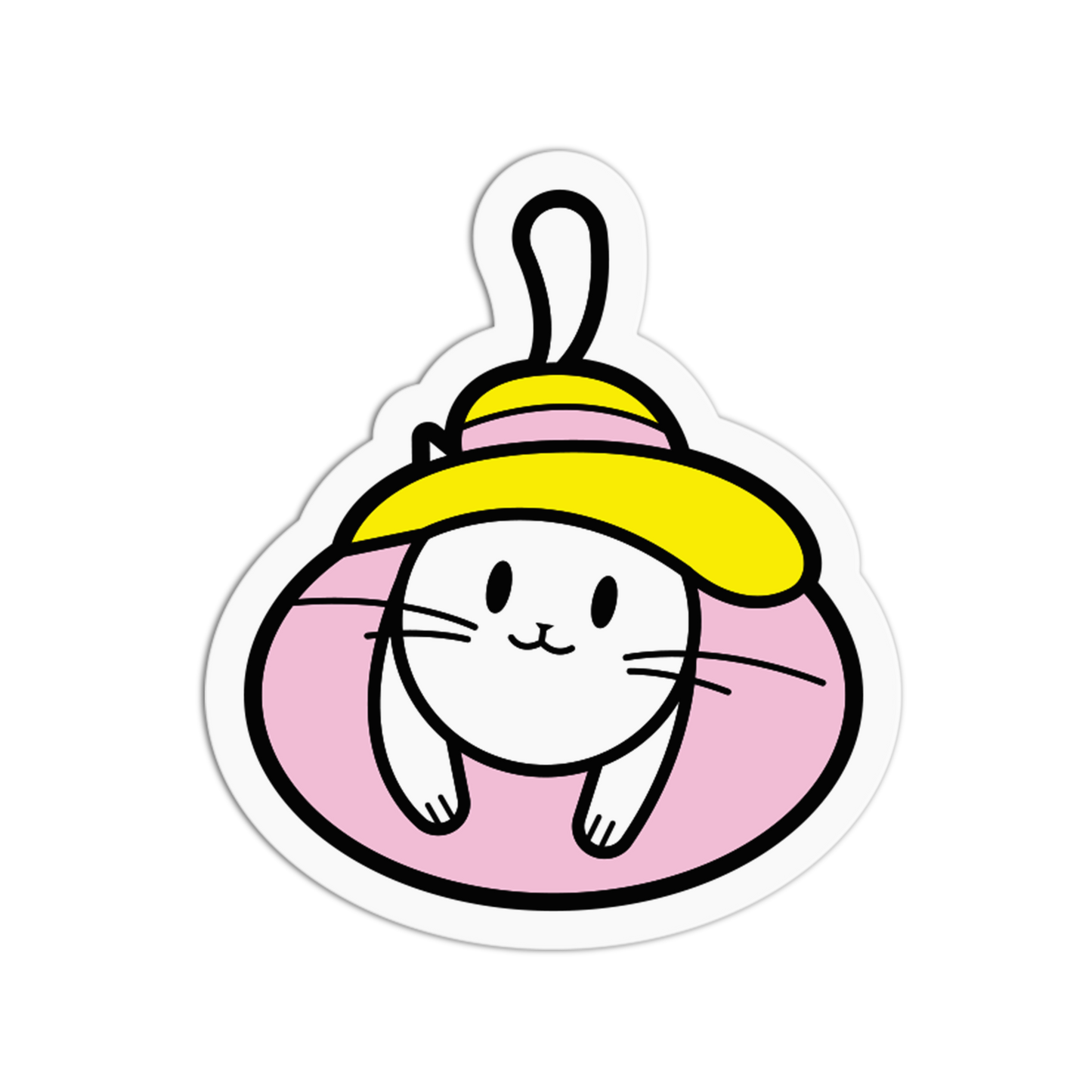 Cartoon cat in a pink circle with a yellow hat on a white background