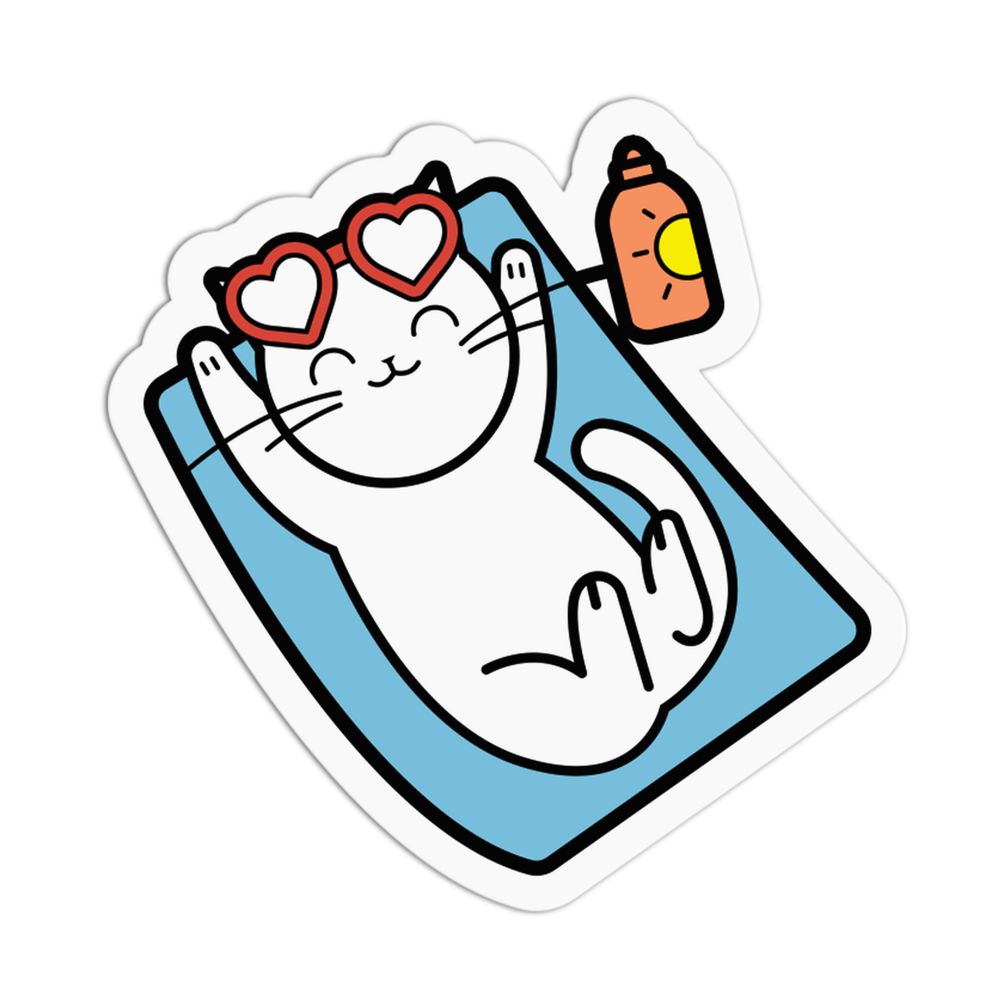 Cartoon cat with sunglasses and a bottle on a white background