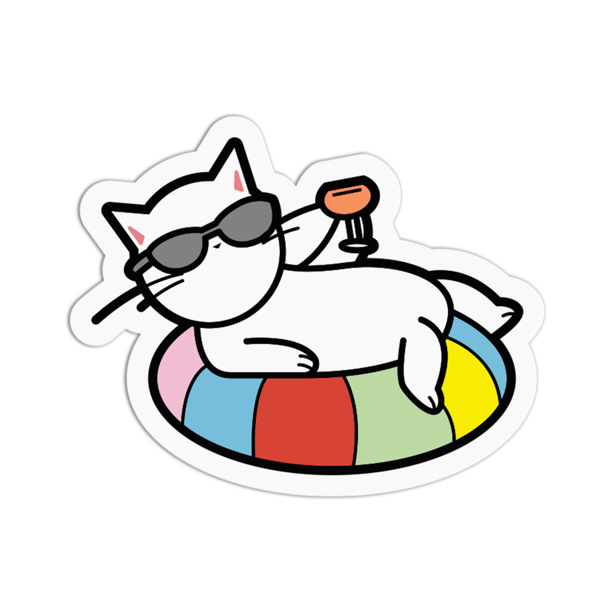 Cartoon cat on a colorful inner tube with sunglasses and a drink.