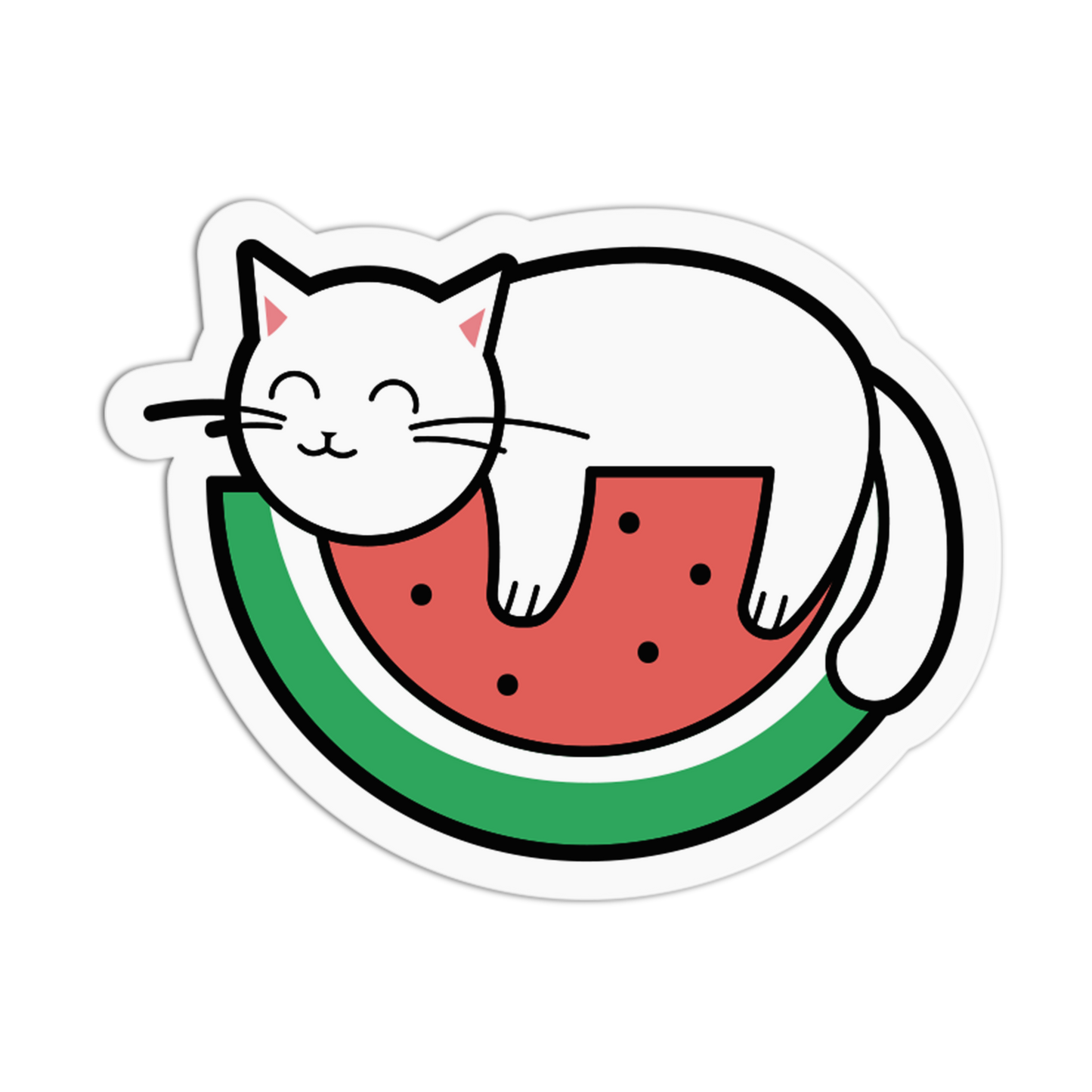 Illustration of a cat on a watermelon slice with a white border