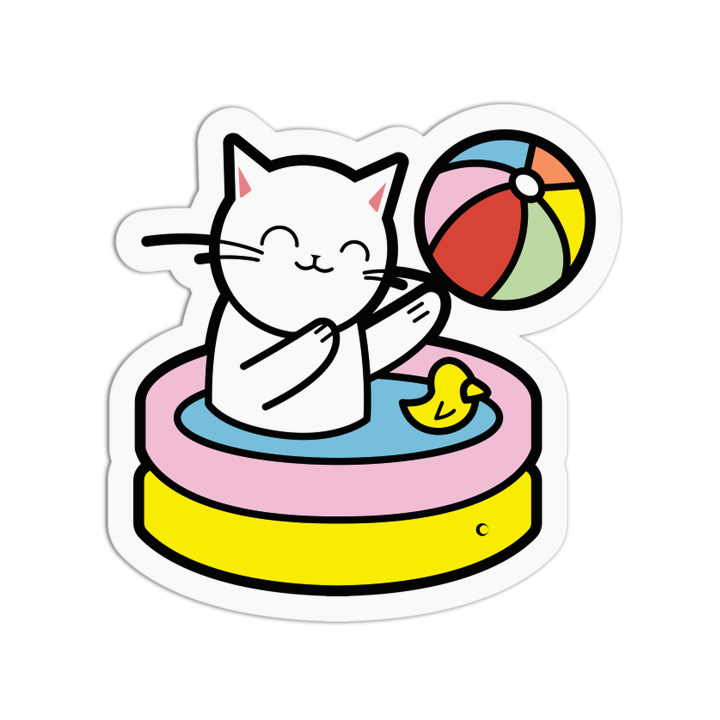 Cartoon cat on a pool float with a beach ball and rubber duck in the water