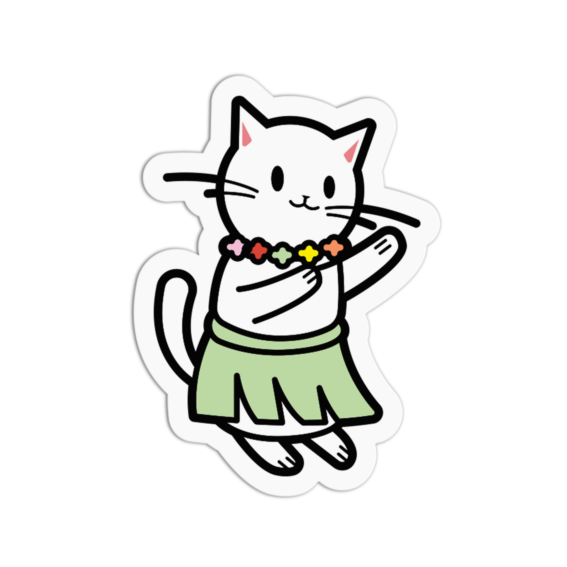 Cartoon cat in a green skirt holding a rainbow-colored object on a white background