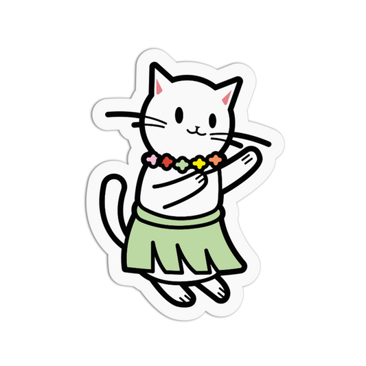 Cartoon cat in a green skirt holding a rainbow-colored object on a white background