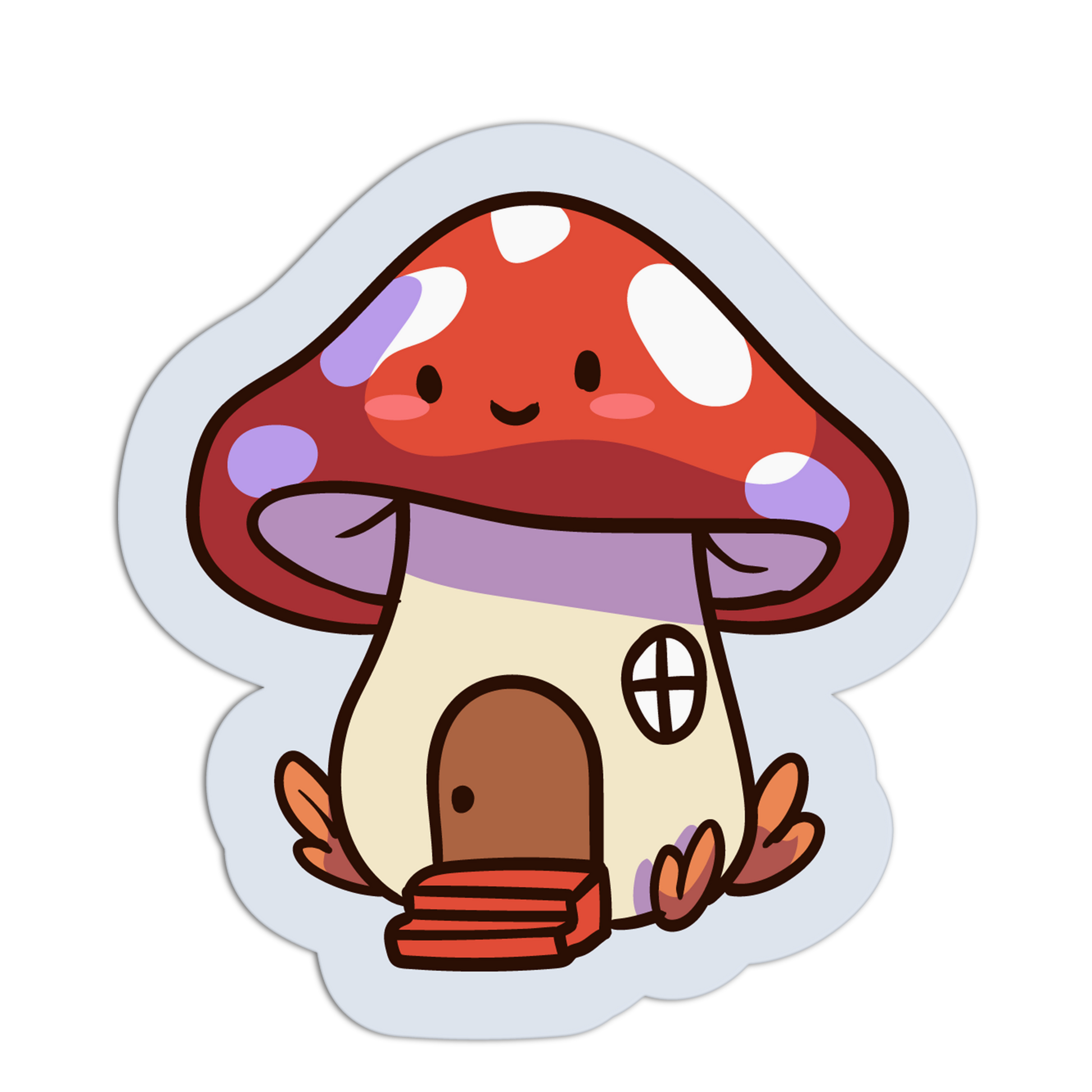 Sticker of a cute mushroom house with a red cap and white spots on a white background