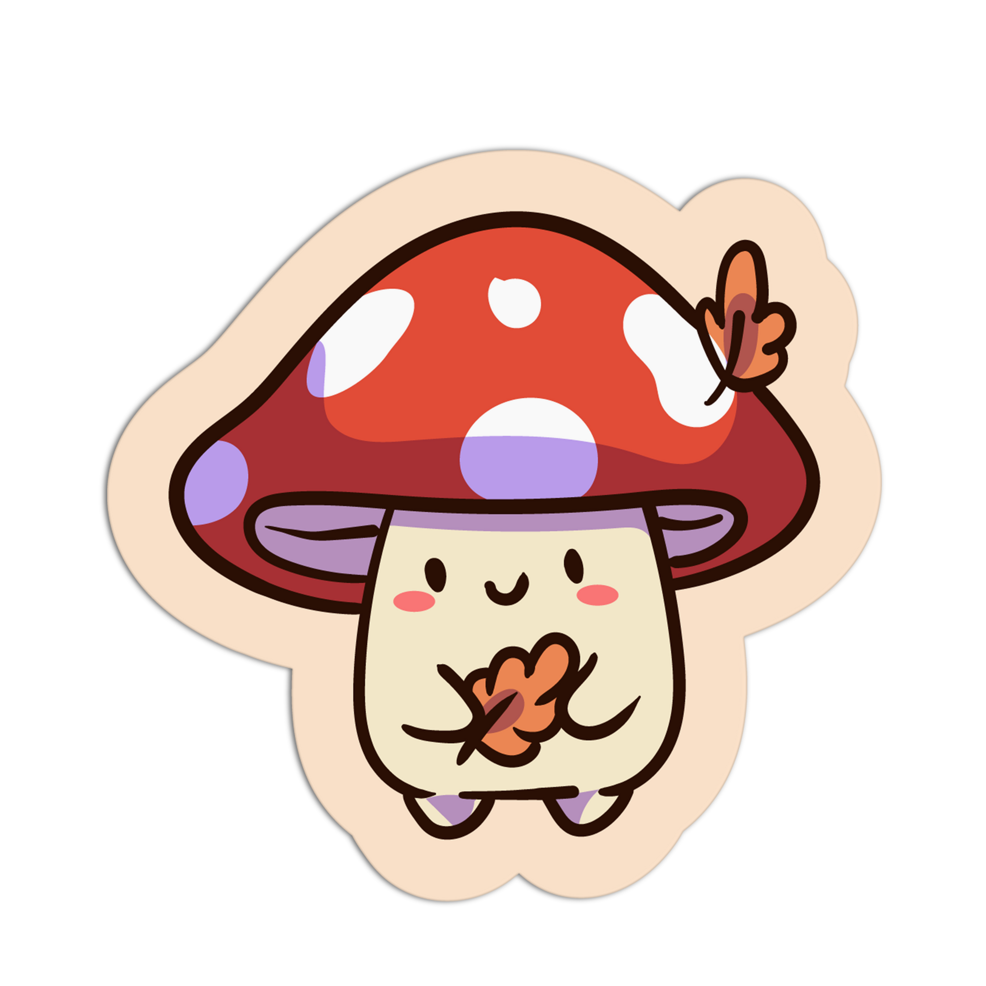 Cartoon mushroom character with a red cap and purple spots on a beige background