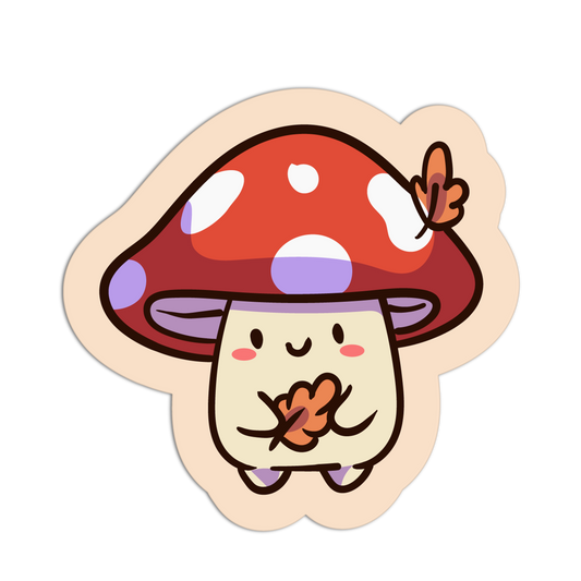 Cartoon mushroom character with a red cap and purple spots on a beige background