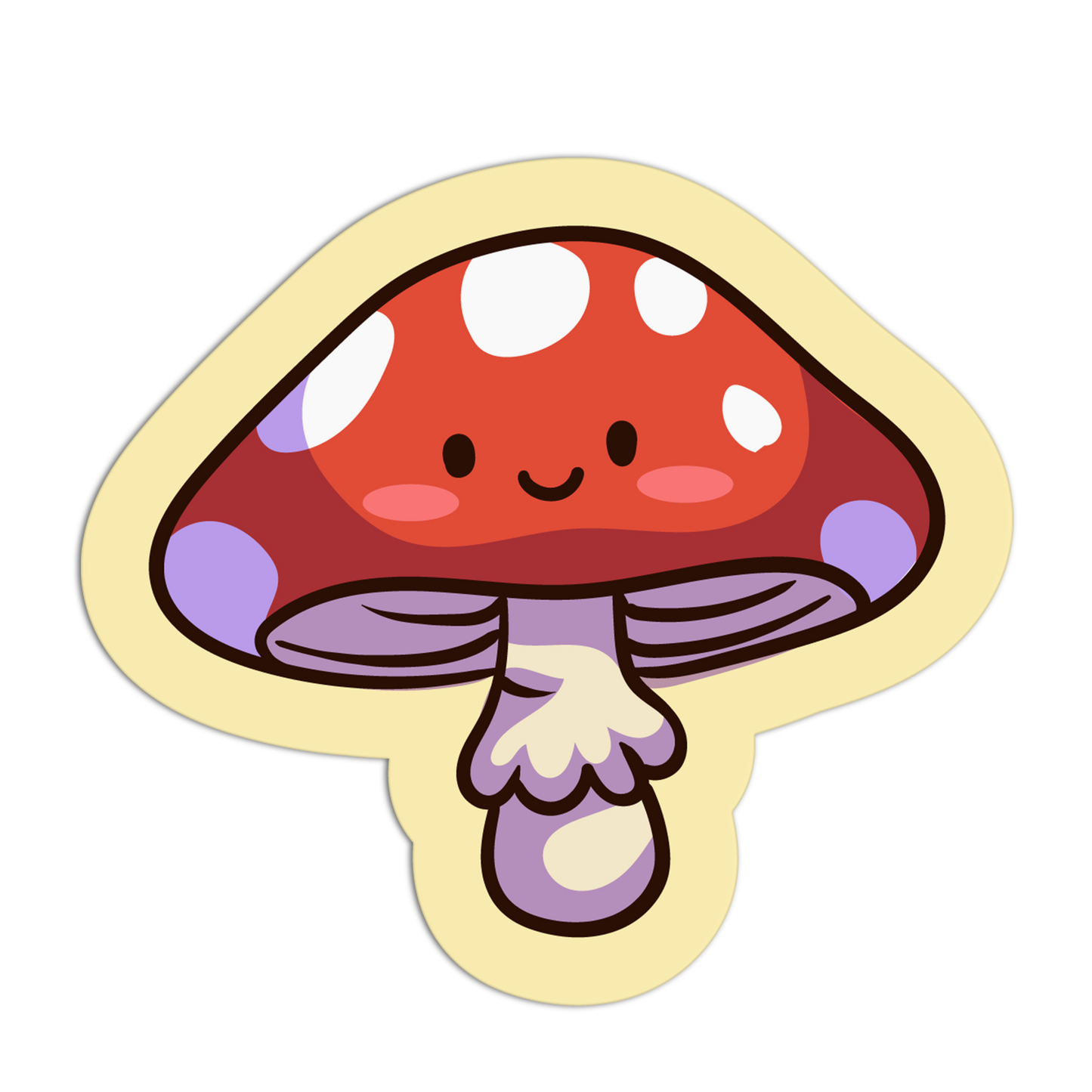 Kawaii-style mushroom sticker with a red cap and purple stem on a white background