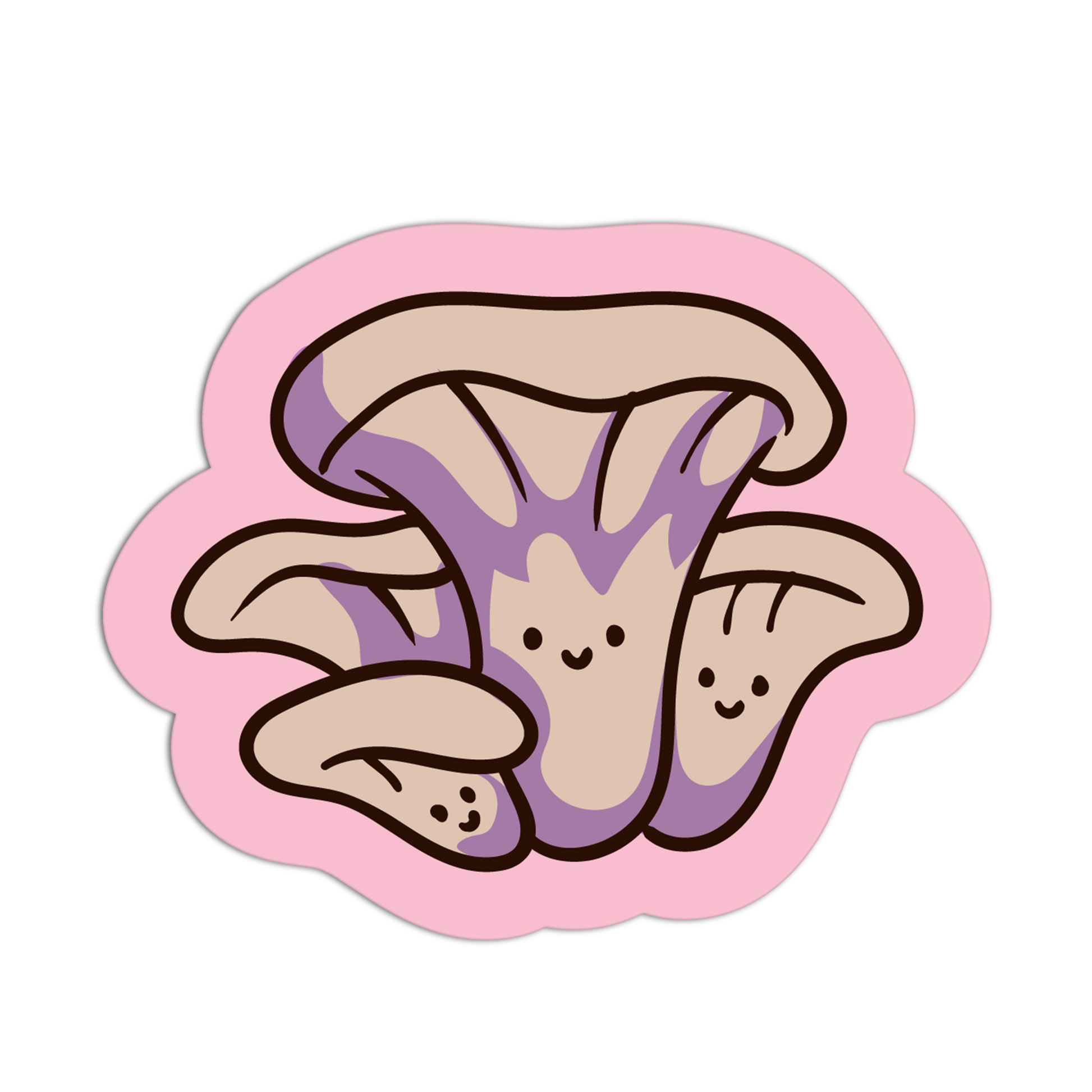Cartoonish purple and beige mushroom with a pink border on a white background