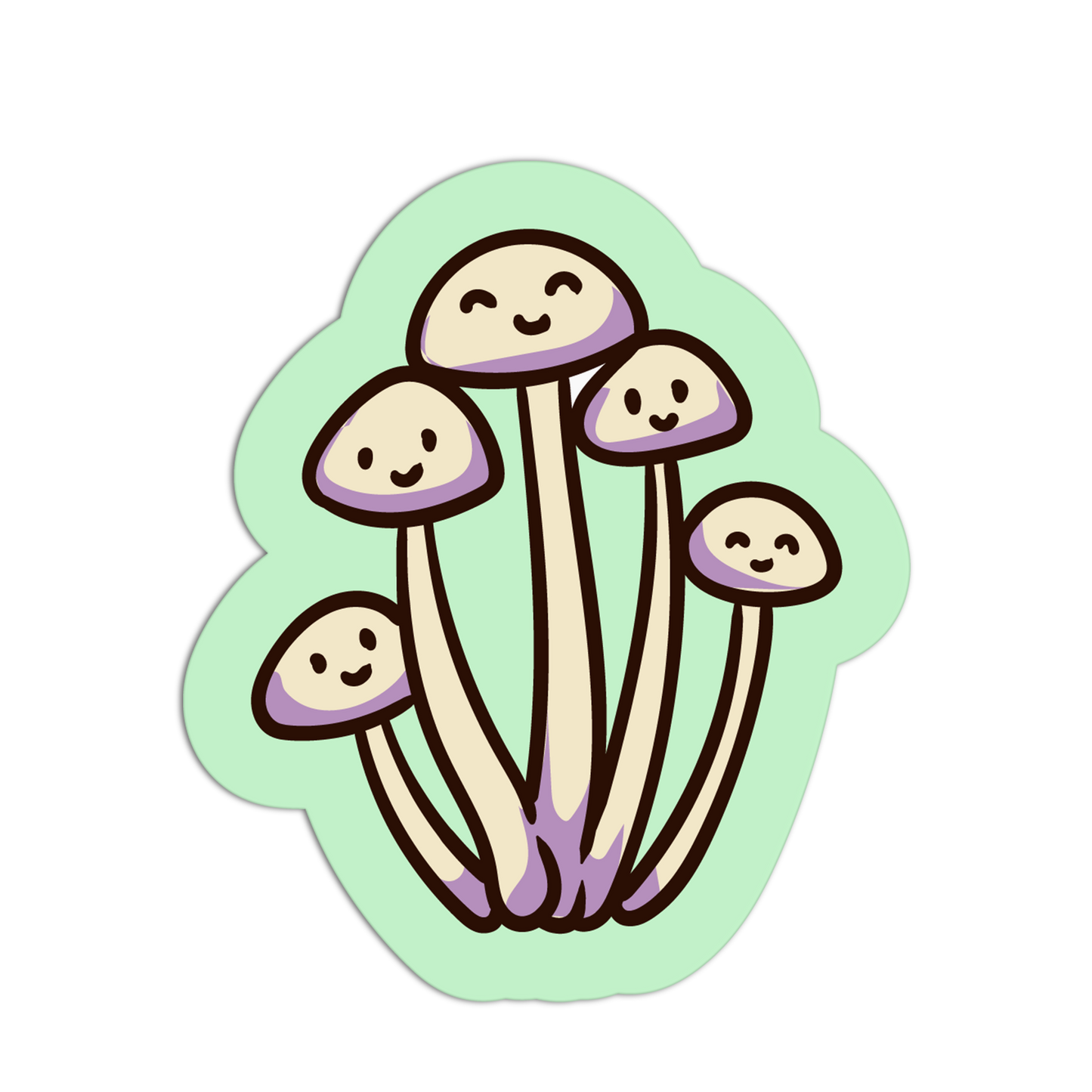 Sticker of five cartoon mushrooms with smiling faces on a light green background
