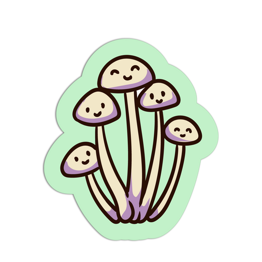 Sticker of five cartoon mushrooms with smiling faces on a light green background