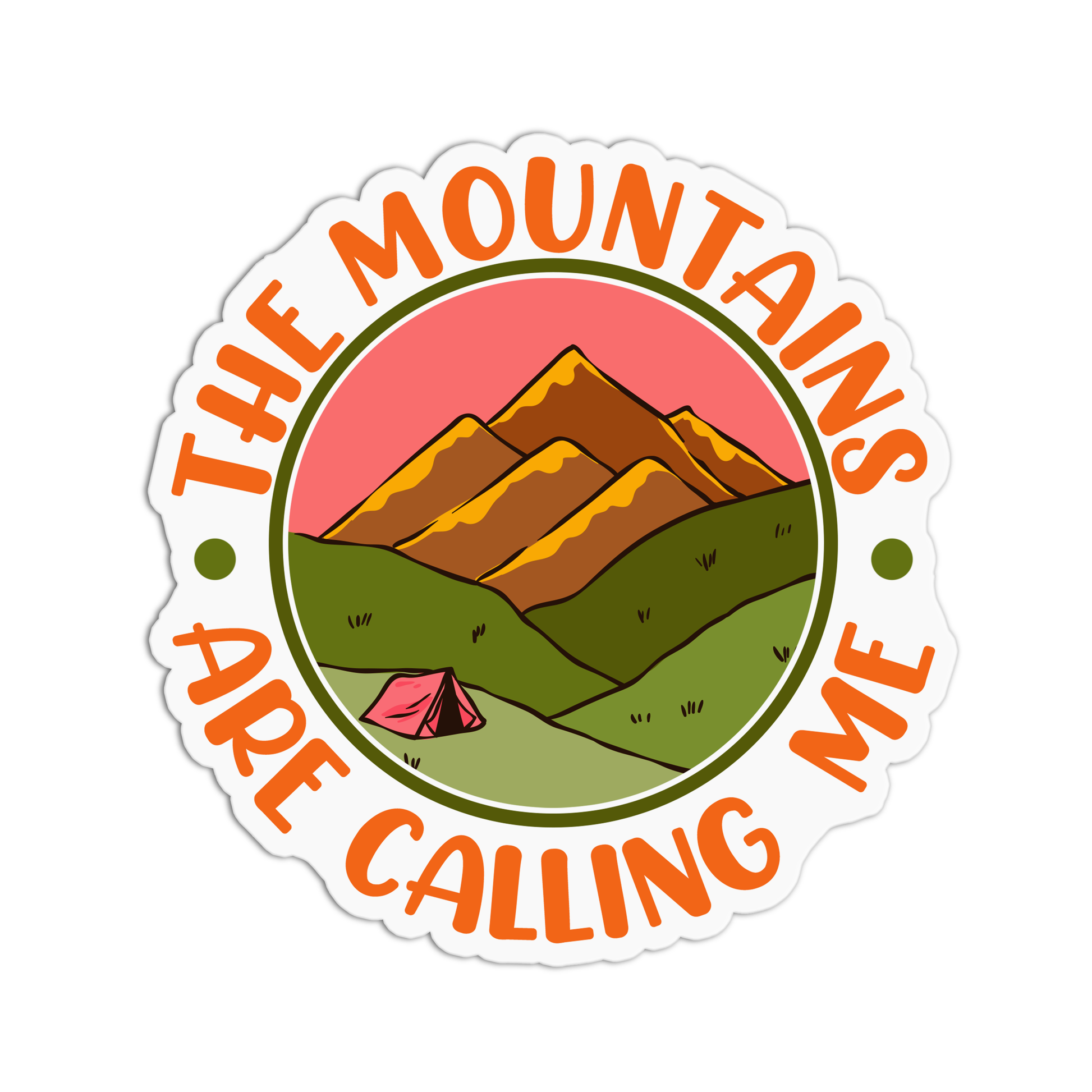 A circular sticker with a colorful mountain range design and the text 'THE MOUNTAINS ARE CALLING ME ARIZONA'.