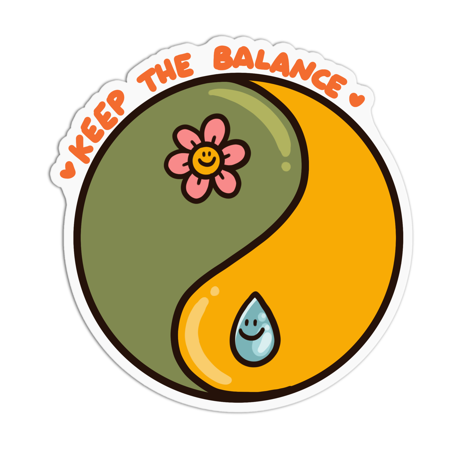 A sticker with a green and yellow color scheme, featuring a smiling flower and a yin-yang symbol, along with the text 'Keep the balance'.