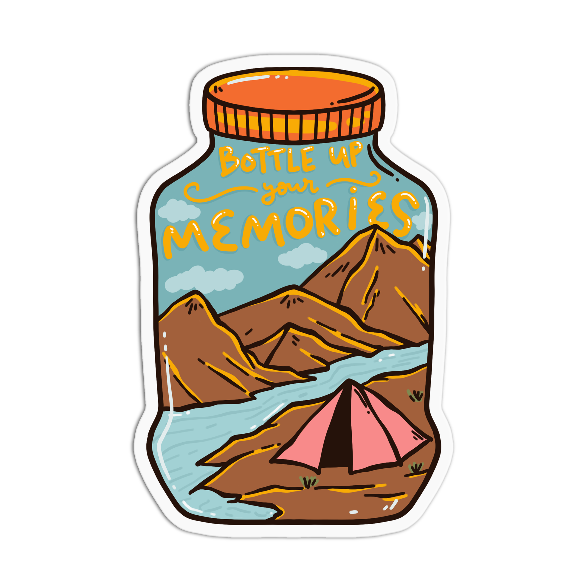 A sticker depicting a mountainous landscape with a tent and text that reads 'Bottle up your memories Arizona'.