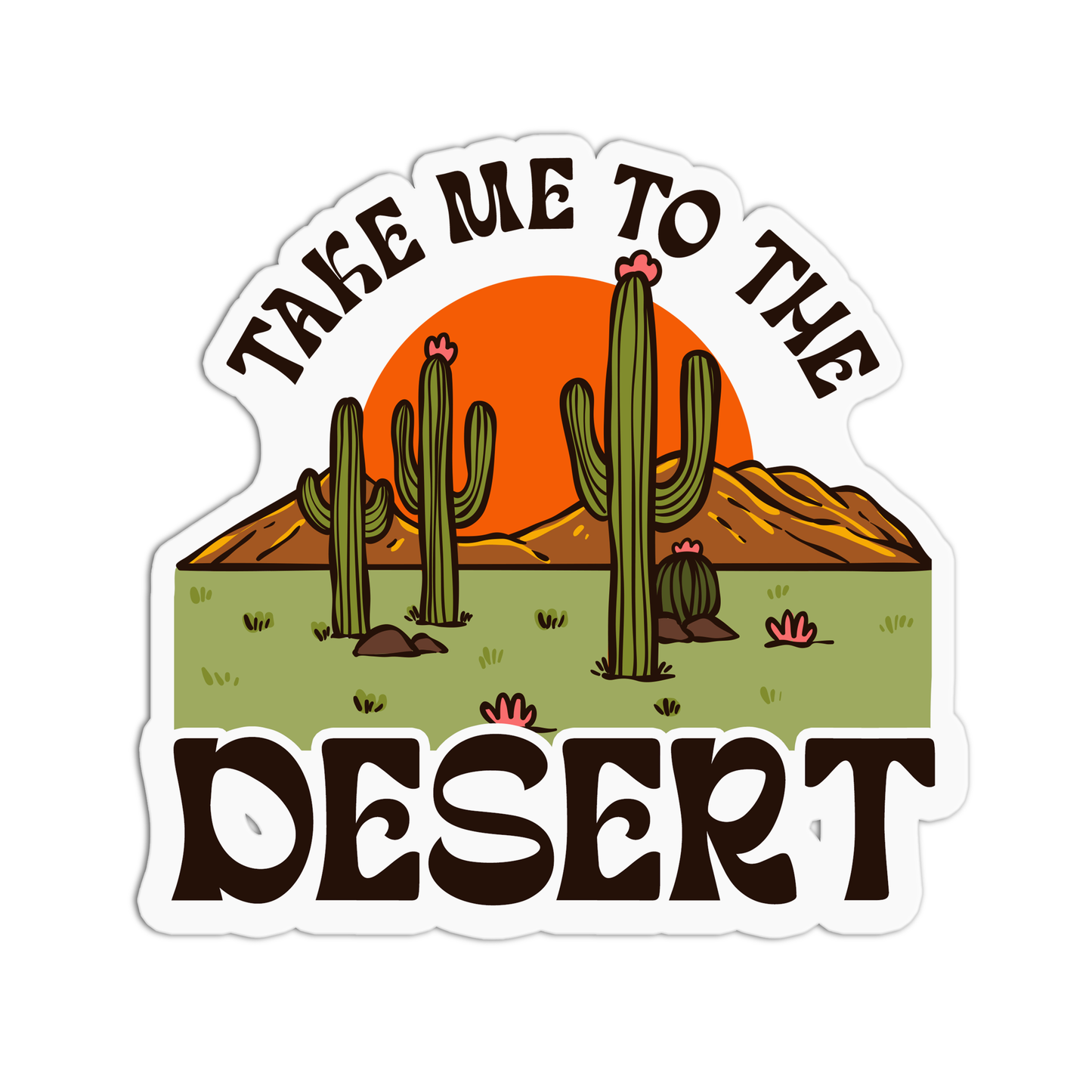 A colorful sticker with a desert landscape and the text 'Take me to the desert ARIZONA'